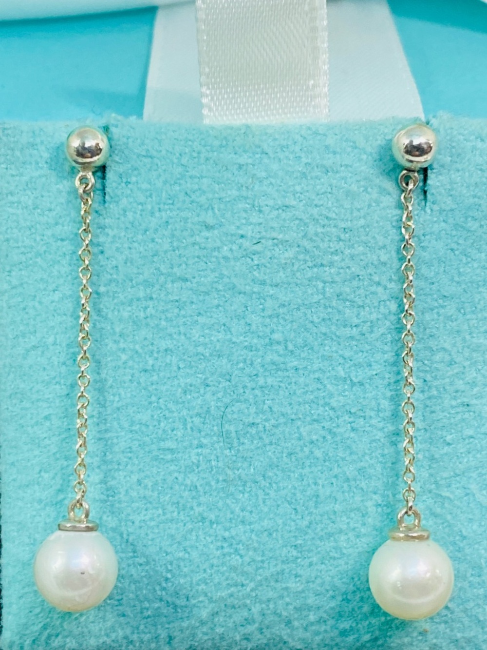 Tiffany & Co Ziegfeld Pearl Dangle Earrings Sterling Silver 6mm